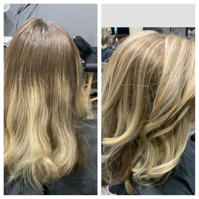 Before and after: brown to blonde balayage transformation