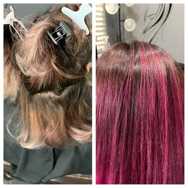 Before and after: vibrant magenta hair color transformation