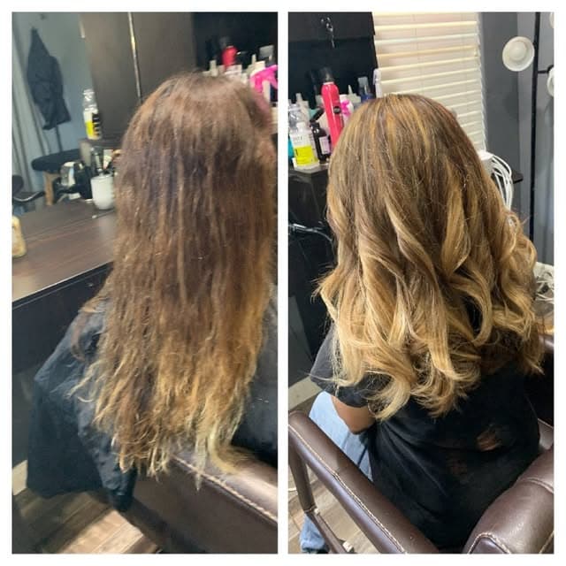 Before and after: balayage transformation with soft curls