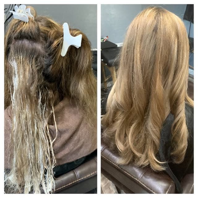 Before and after: bleach lightening to golden blonde